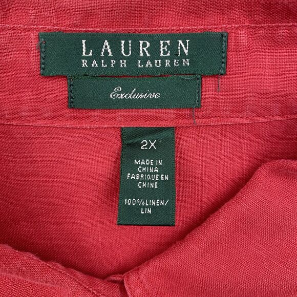 Lauren Ralph Lauren Top Womens 2X Red Linen Button Up Long Sleeve Roll Tab Blous - Picture 4 of 8